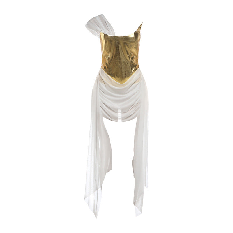 Embossed Metallic Strapless Corset Sheer Drape Panel Mini Party Dress - View 5