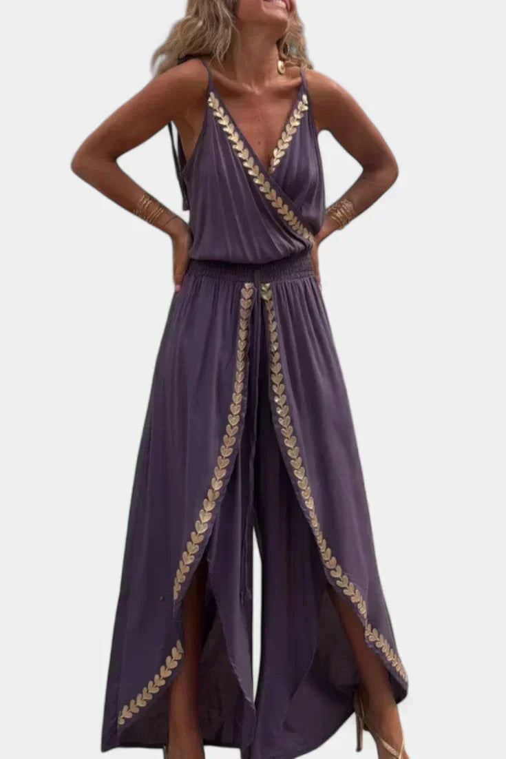 Gold Trim V-Neck Wrap Wide Leg Jumpsuit 6