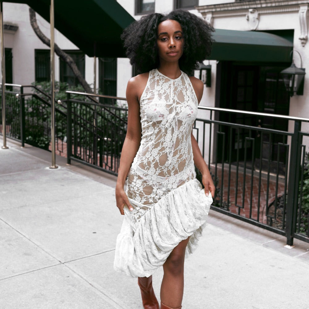 Sheer Floral Lace Mock Neck Sleeveless Tiered Ruffle Maxi Dress - View 9