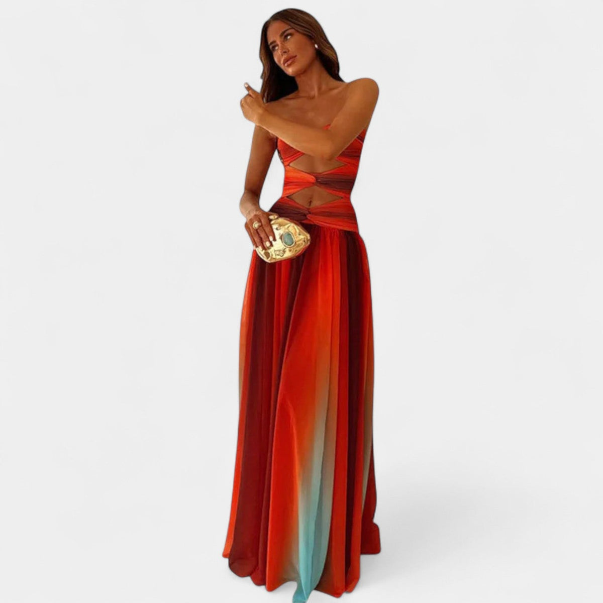 Strapless Cut Out Ombre High Split Maxi Gown 2