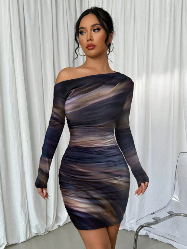 Stitch sheer mesh see through abstract off shoulder mini dress - View 3