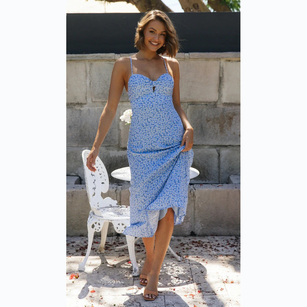 Floral Print Sweetheart Spaghetti Strap Keyhole Dress - View 3