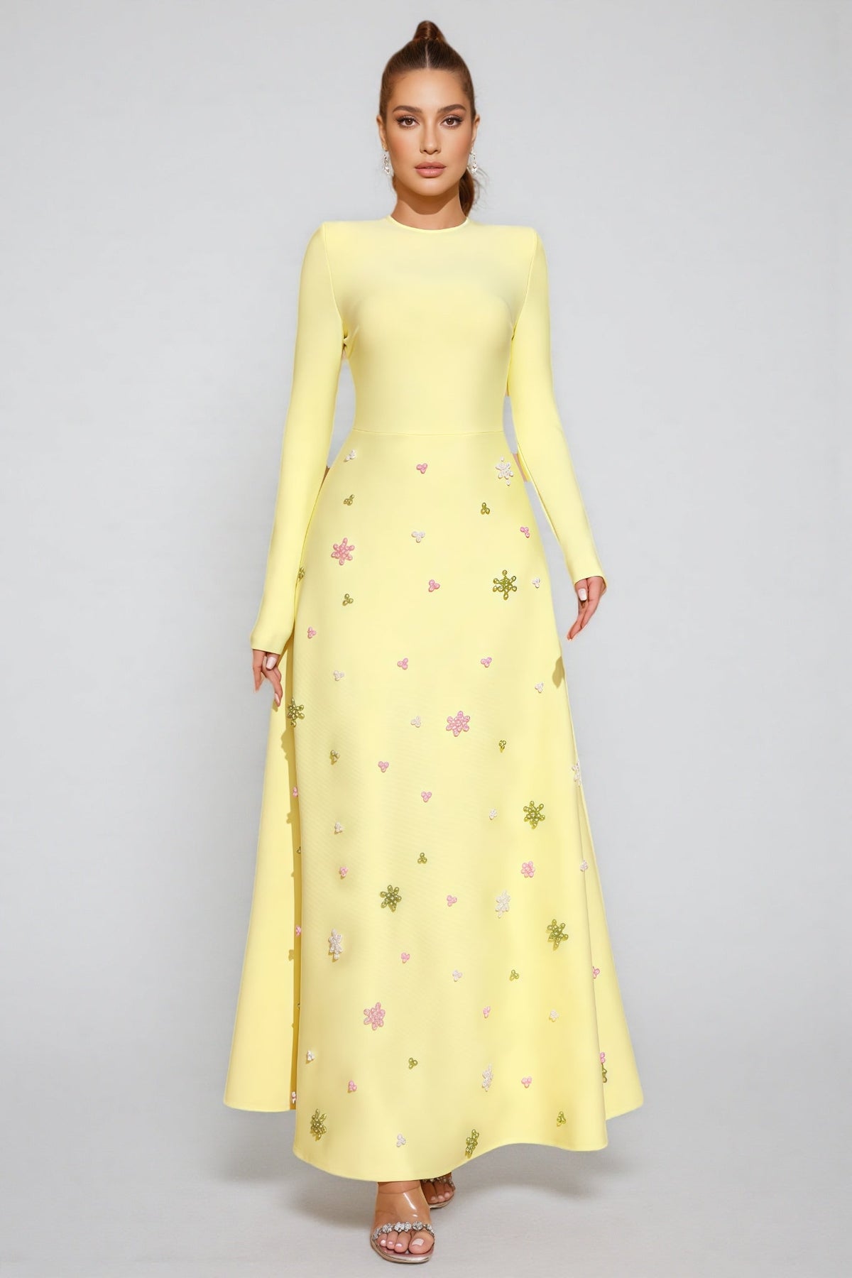 Long Sleeve Crew Neck Beaded Floral Applique A-Line Maxi Gown