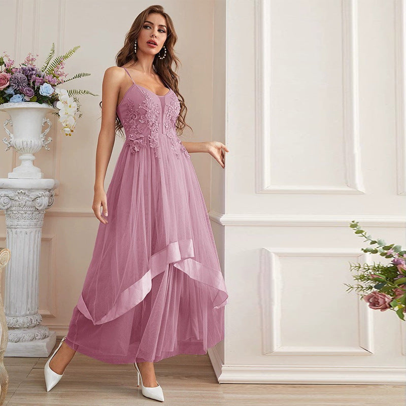 Mesh Tulle Lace Applique Spaghetti Strap V-Neck Tiered Maxi Gown - View 5