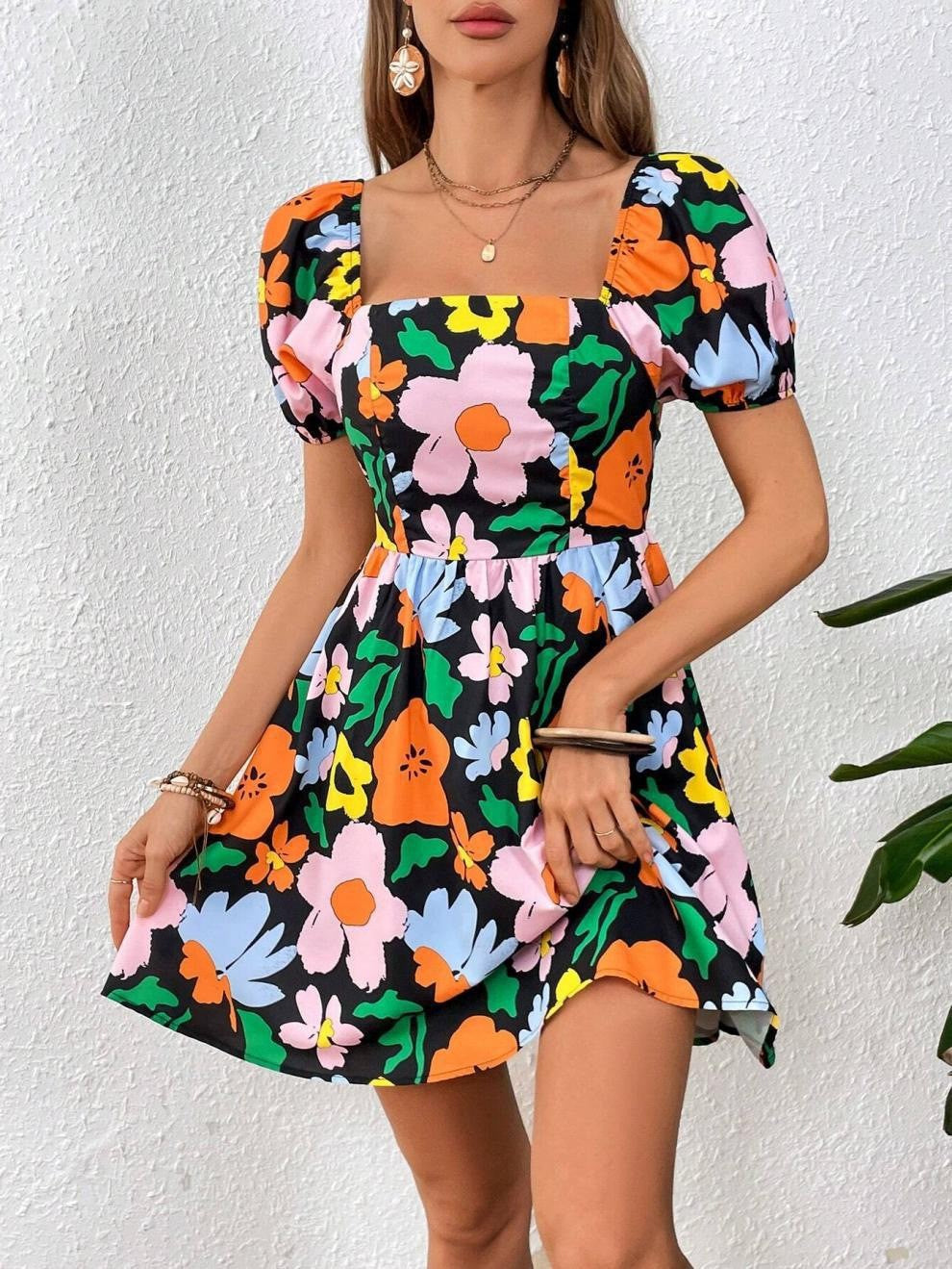 Floral Print Square Neck Puff Sleeve Tie Back Open Back Mini Dress - View 7
