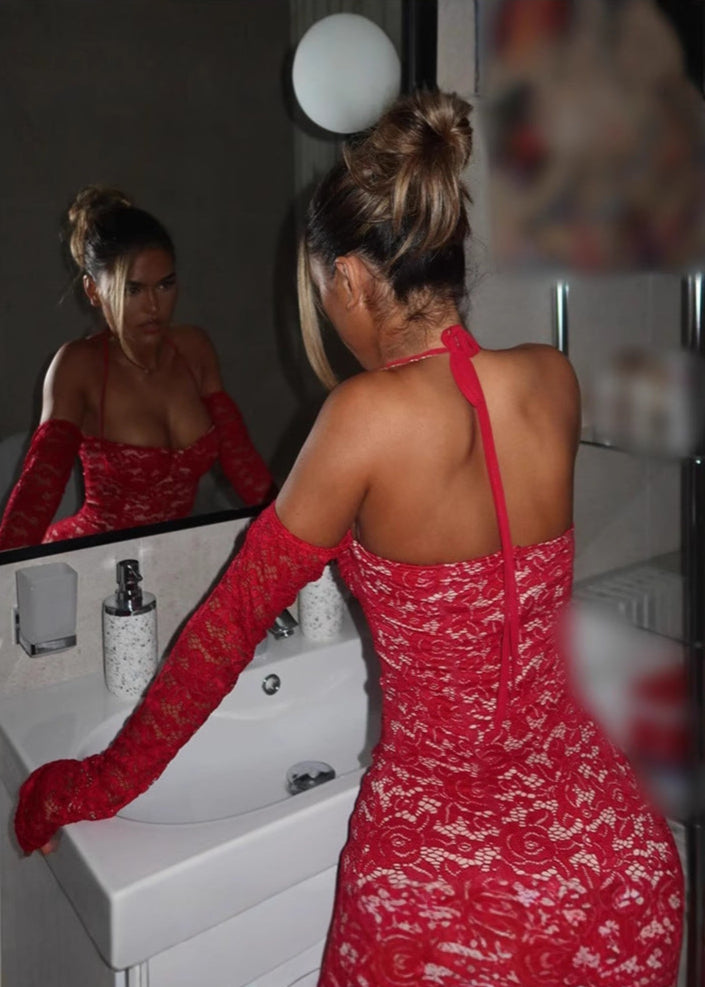 Lace Halter Neck Long Sleeve Bustier Bodycon Mini Dress - View 8