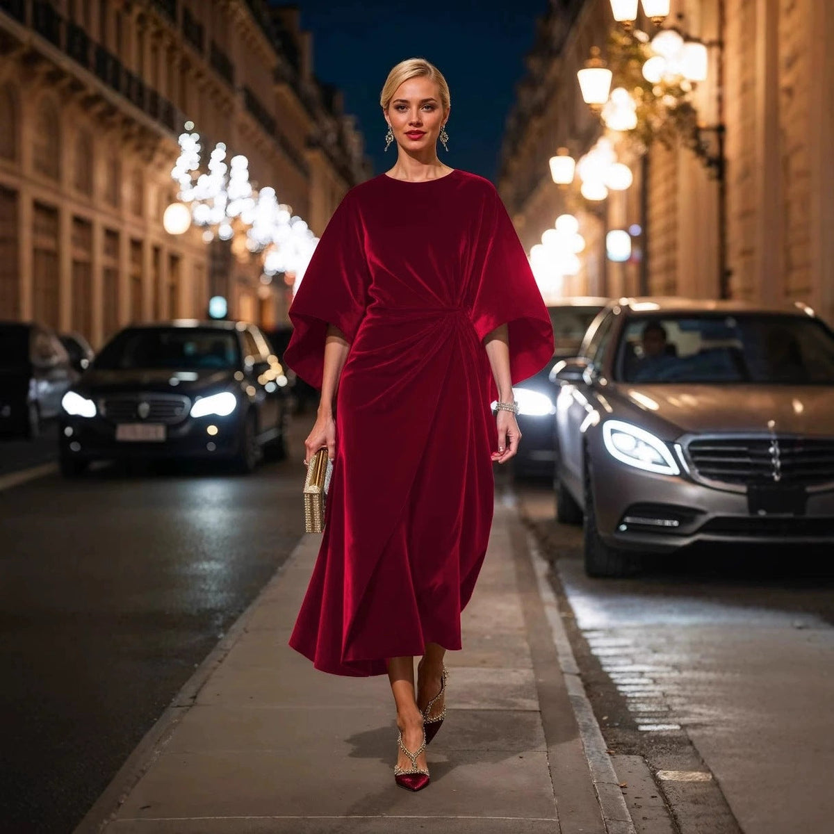 Velvet Round Neck Batwing Sleeve Side Twist Ruched Midi Cocktail Dress - View 7