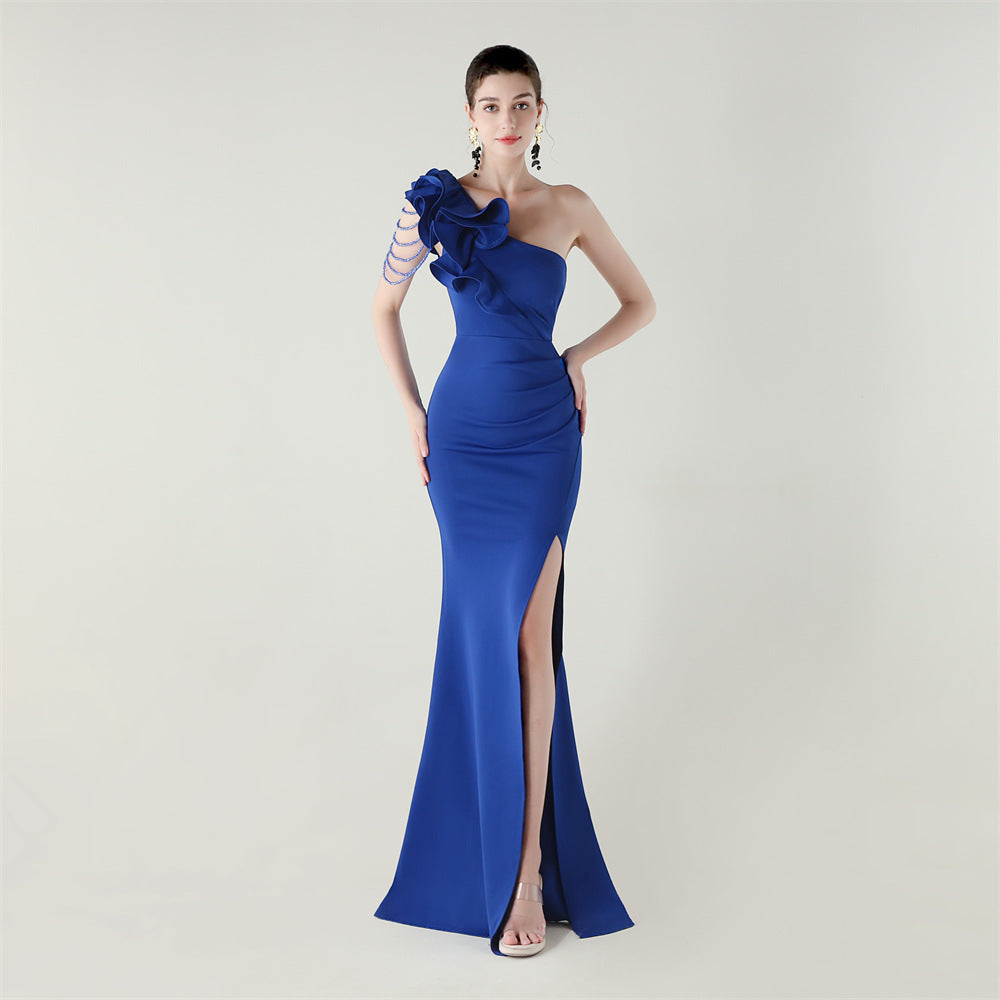 Satin One Shoulder Ruffle Ruched High Split Mermaid Gown in White - View 11