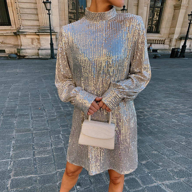 Sequin Mock Neck Long Sleeve Tie Waist Belted Bow Mini Dress - View 2