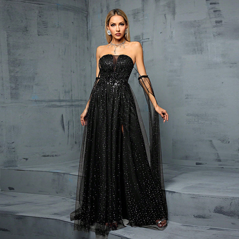 Sequin Strapless Sweetheart Tulle High Split A-Line Maxi Gown - View 2