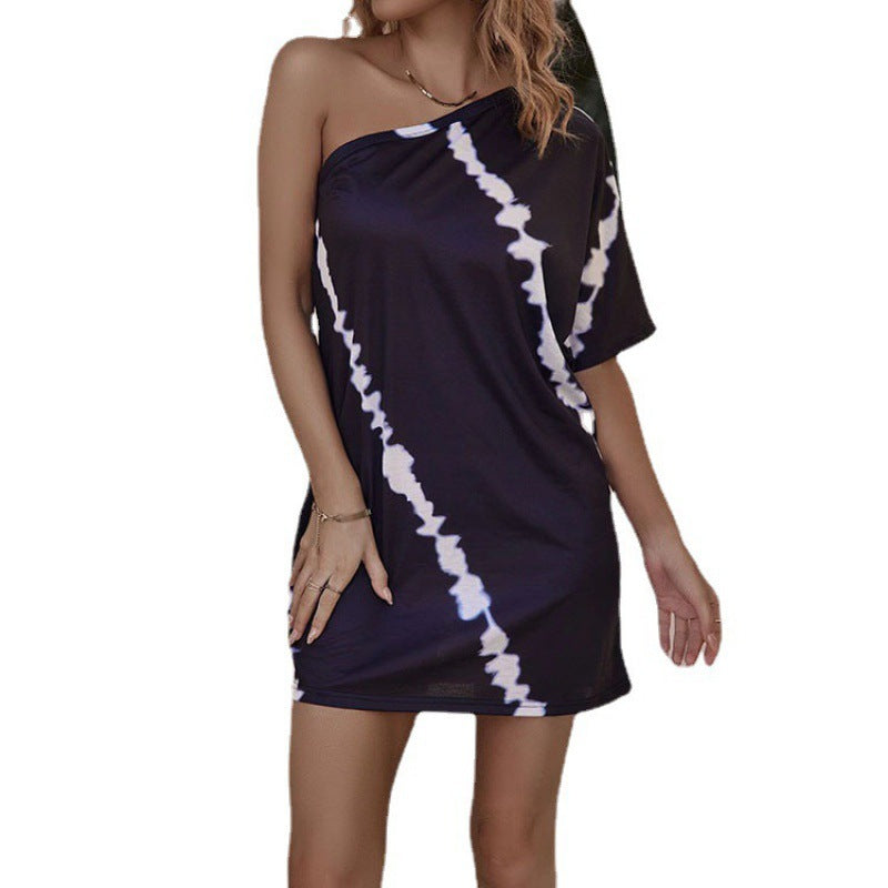 Tie Dye Print One Shoulder Short Sleeve Belted Wrap Mini Dress - View 4
