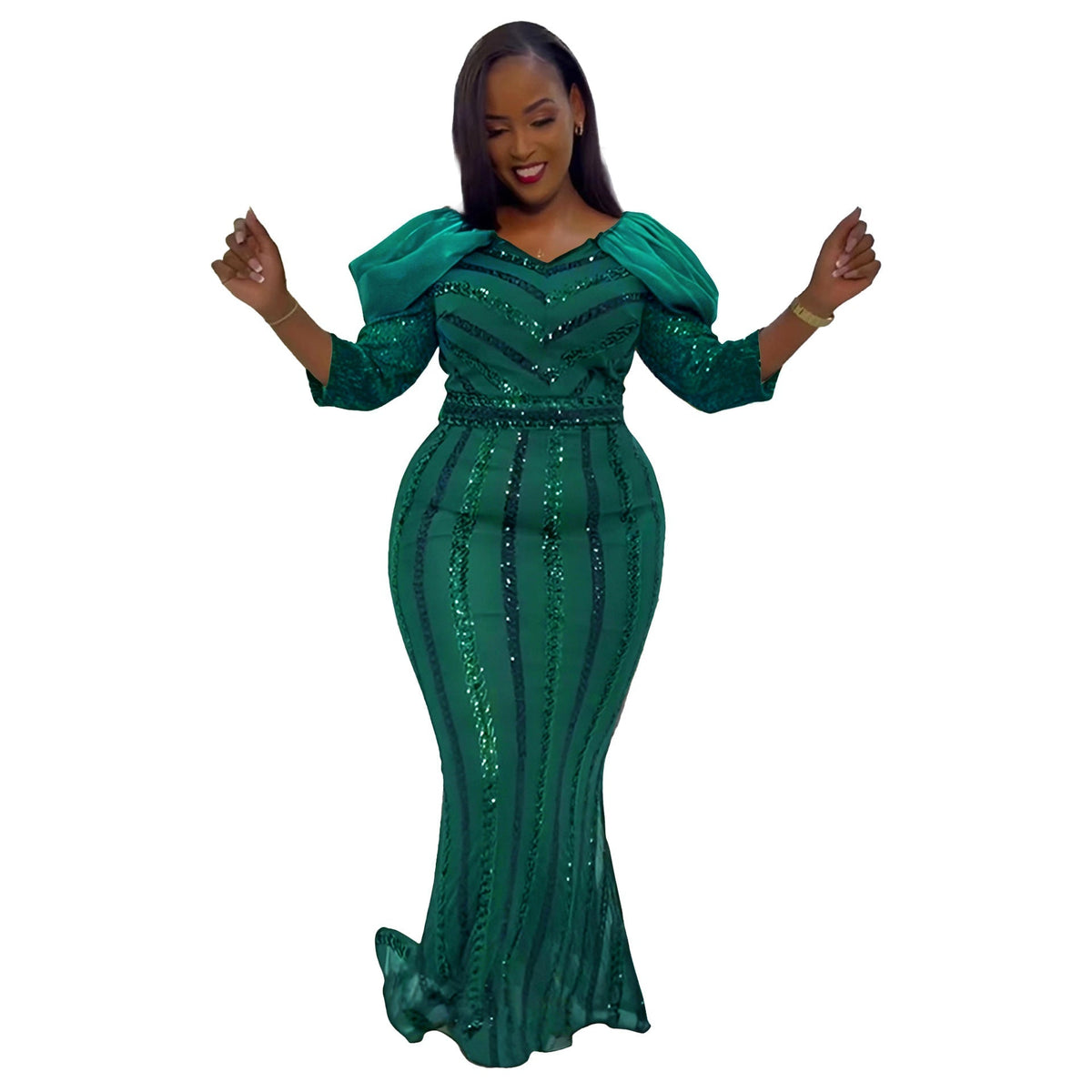 Sequin Chevron V-Neck Ruffle Shoulder Mermaid Floor Length Gown - View 2