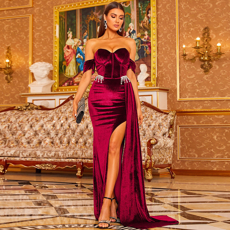 Velvet Sweetheart Off Shoulder Corset High Split Mermaid Gown - View 5