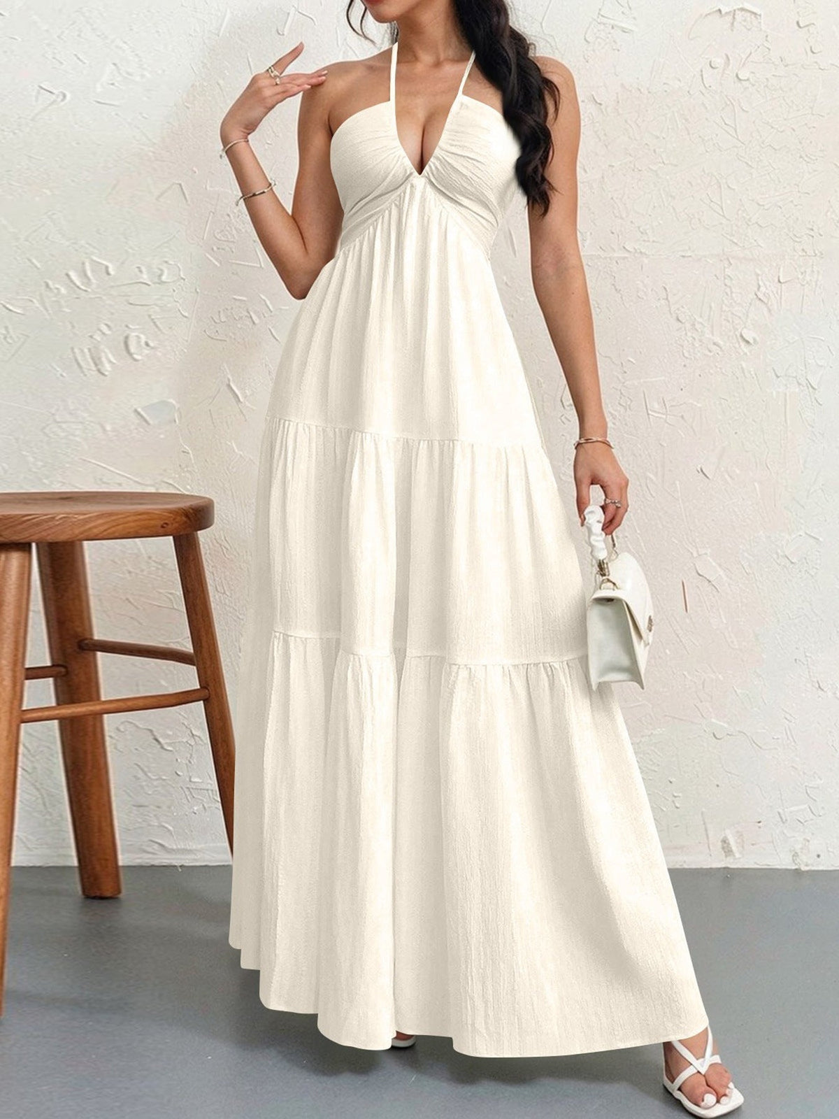 Halter Neck Deep V-Neck Tiered Maxi Dress 4