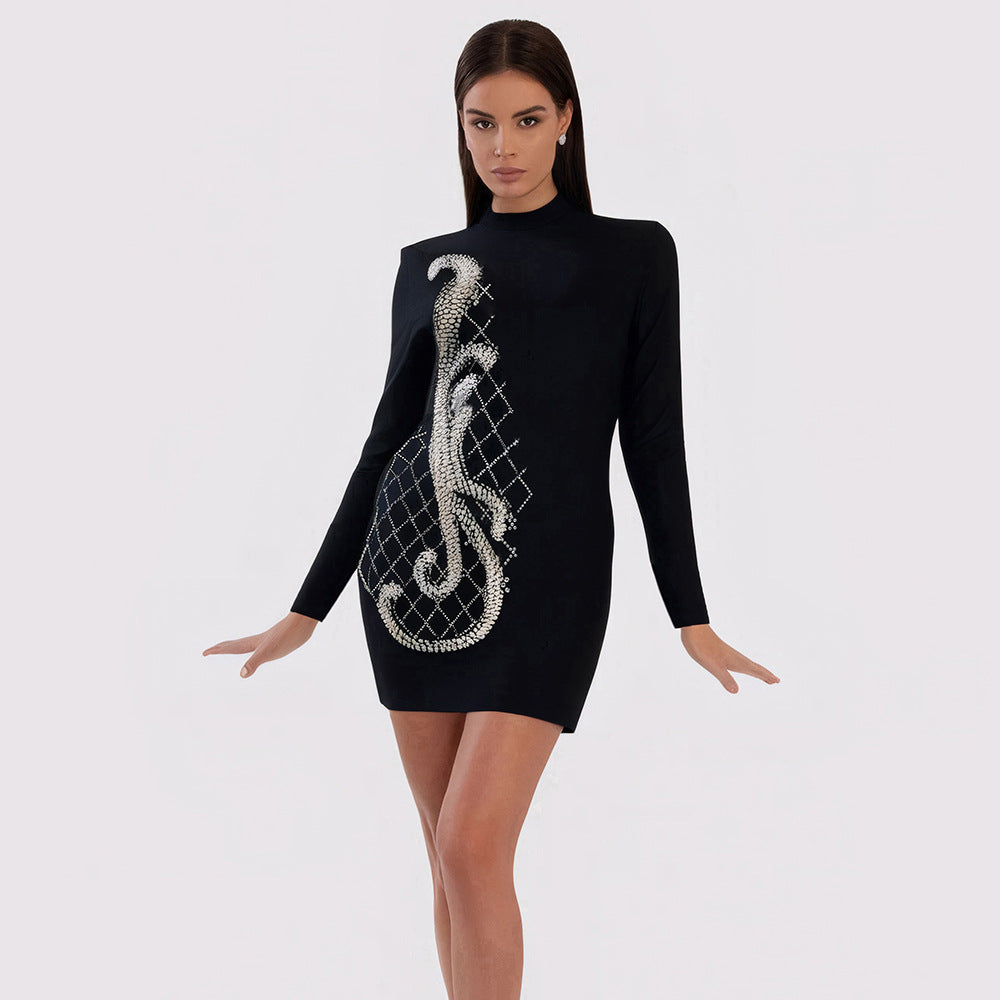 Long Sleeve Mock Neck Rhinestone Embellished Bodycon Mini Dress - View 2