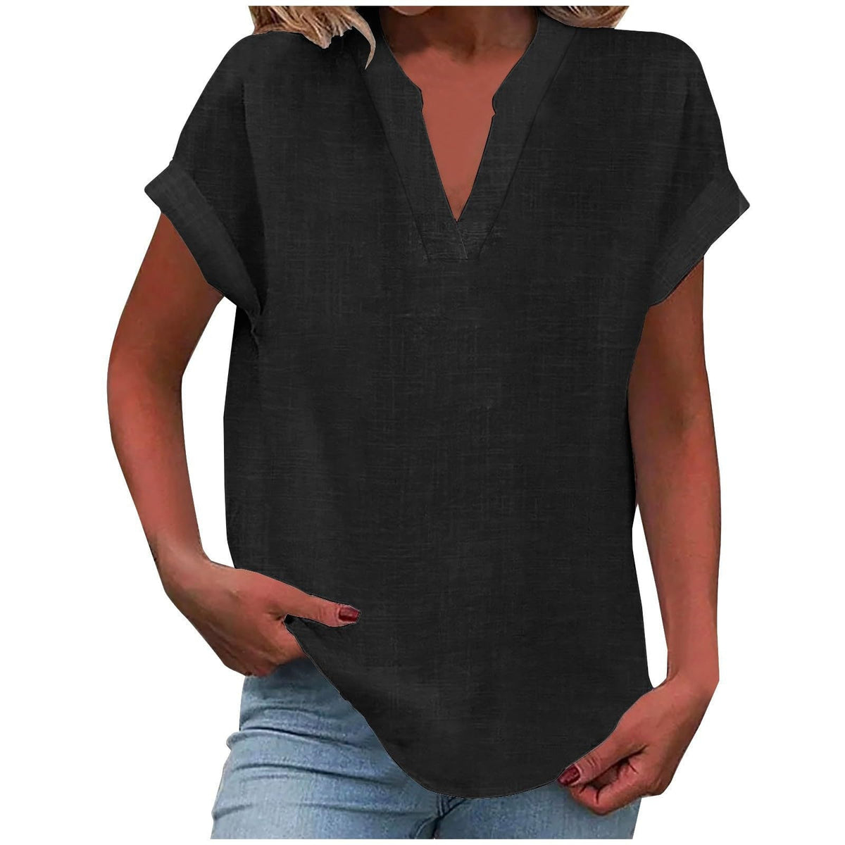 Split V-Neck Short Sleeve Linen Blouse 11