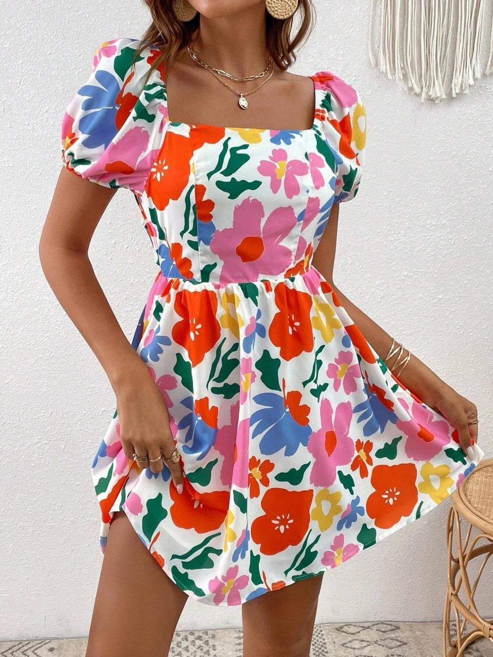 Floral Print Square Neck Puff Sleeve Tie Back Open Back Mini Dress - View 6