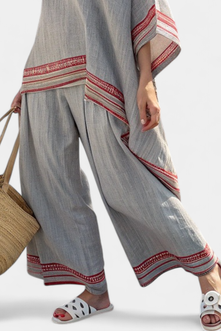 Contrast Trim Tunic Top and Wide Leg Pants Two Piece Set 4