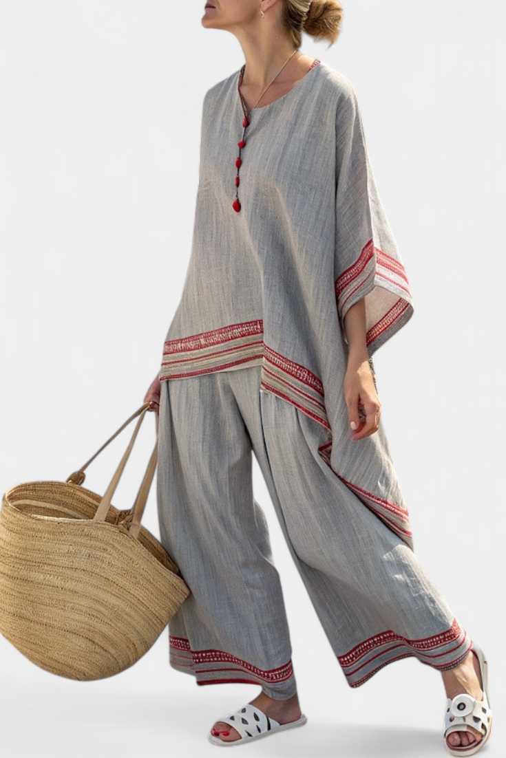 Contrast Trim Tunic Top and Wide Leg Pants Two Piece Set 2