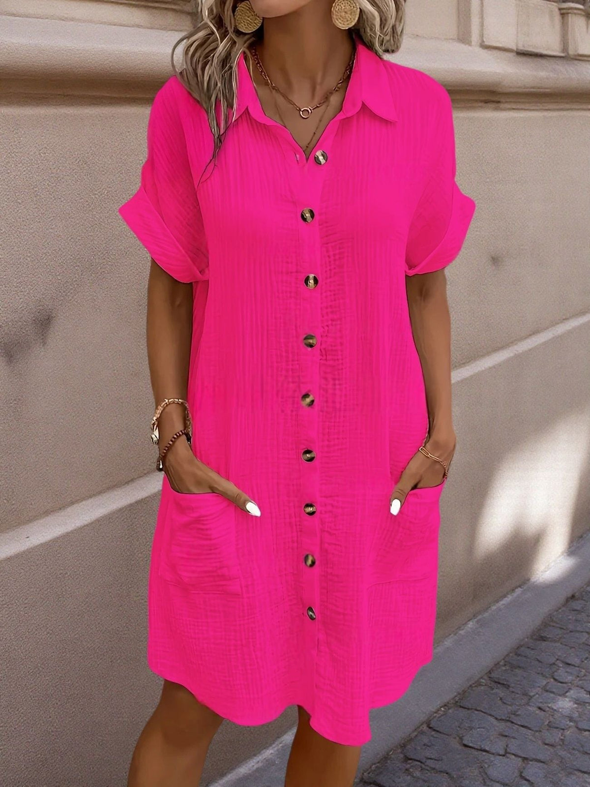 Textured Gauze Button Front Short Sleeve Shirt Dress 14