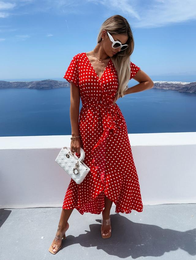 Polka Dot Wrap Deep V-Neck Short Sleeve Ruffle High Low Maxi Dress - View 6