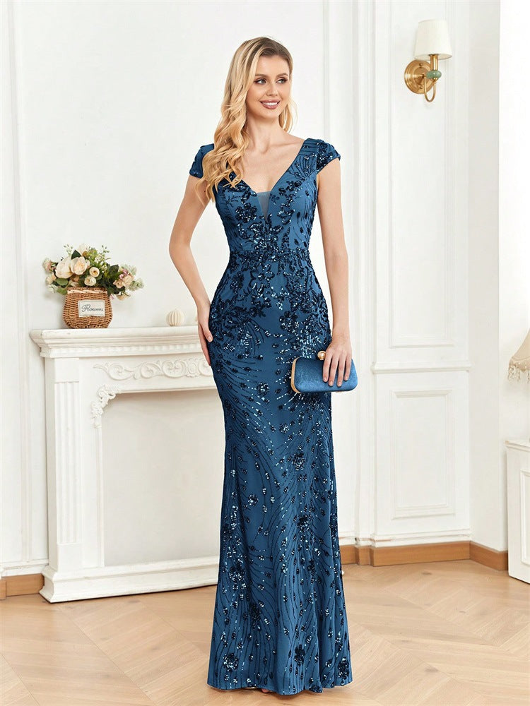 Sequin V-Neck Cap Sleeve Mermaid Evening Gown - View 10