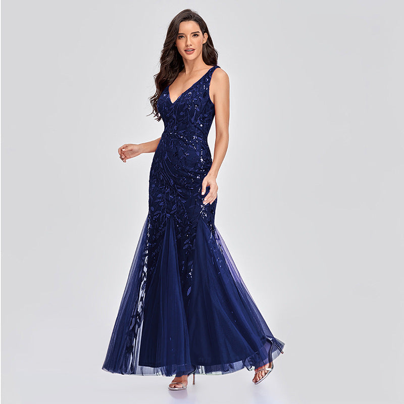 Sequin Embroidered V-Neck Sleeveless Tulle Mermaid Gown - View 3