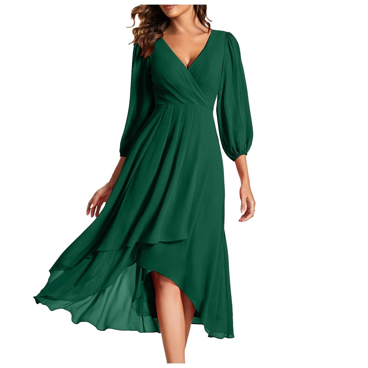 Chiffon V-Neck Long Sleeve High Low Midi Dress 4