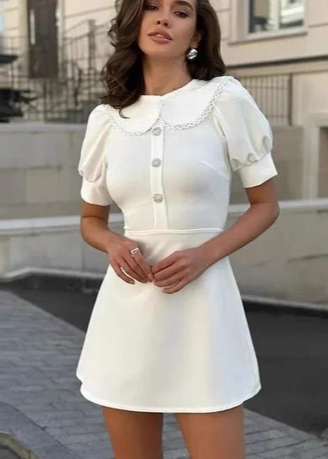 Pearl Button Peter Pan Collar Puff Sleeve A-Line Mini Dress