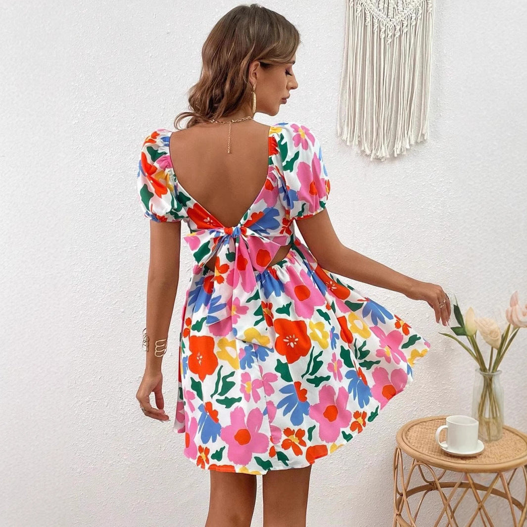 Floral Print Square Neck Puff Sleeve Tie Back Open Back Mini Dress - View 3