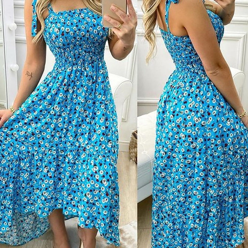 Floral Print Shirred Tie Strap Ruffle Hem Midi Dress - View 4