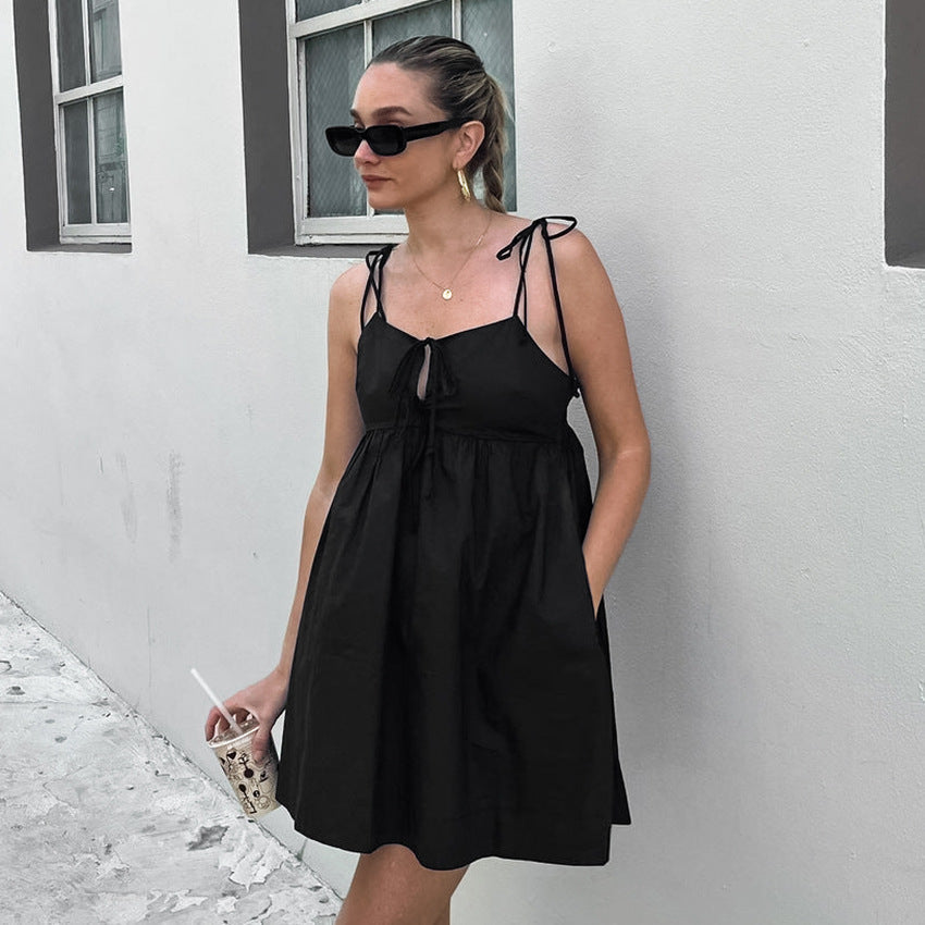 Tie Shoulder Square Neck Keyhole Pocket Babydoll Mini Dress