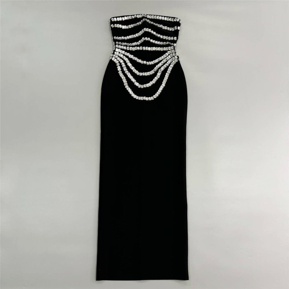 Velvet Strapless Rhinestone Draped Crystal Fringe Column Maxi Gown - View 2