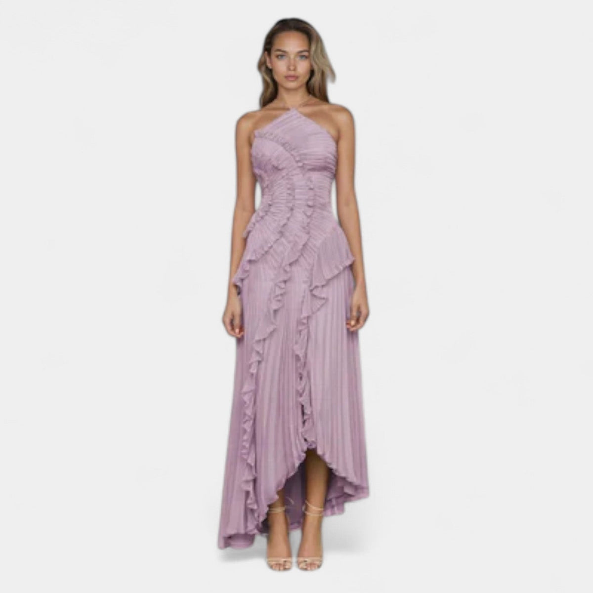 Pleated Ruffle Halter Neck High Low Maxi Dress