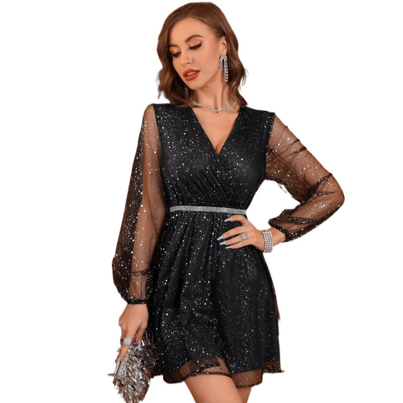 Sequin Mesh Long Sleeve Deep V-Neck Rhinestone Belt Mini Party Dress - View 5