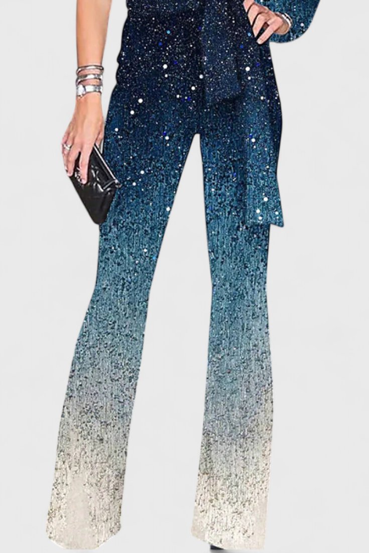 One Shoulder Long Sleeve Sequin Tie Waist Flare Leg Jumpsuit 2