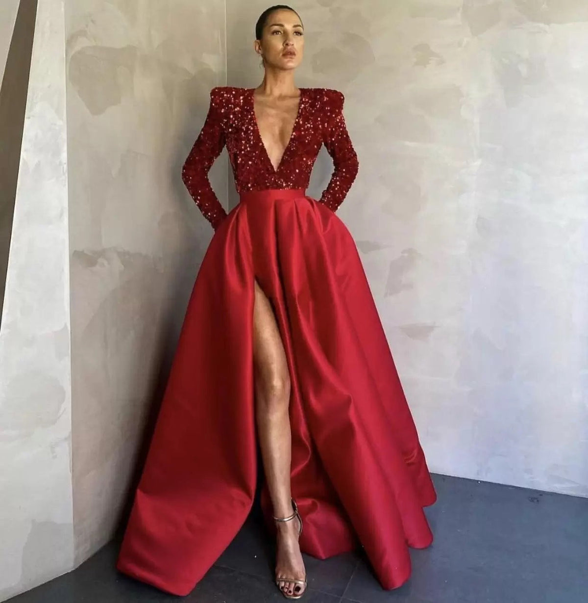 Sequin Deep V-Neck Long Sleeve Satin High Split A-Line Evening Gown - View 4