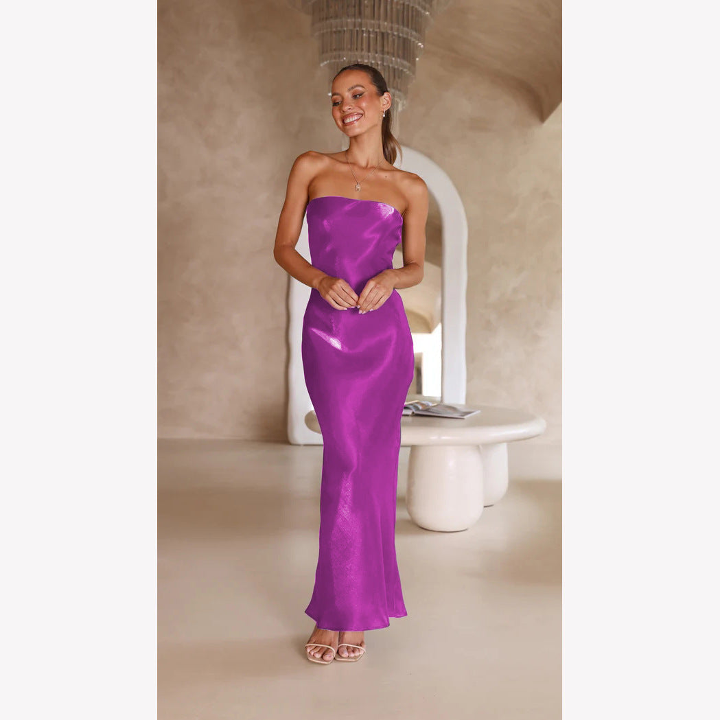 Strapless Bandeau Satin Column Bodycon Maxi Dress - View 8