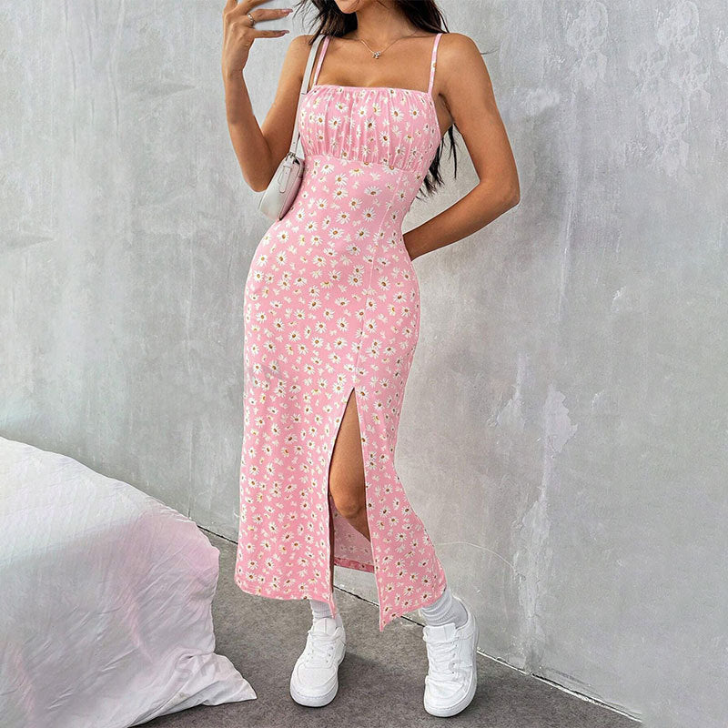 Square Neck Spaghetti Strap Floral High Split Bodycon Midi Dress 2