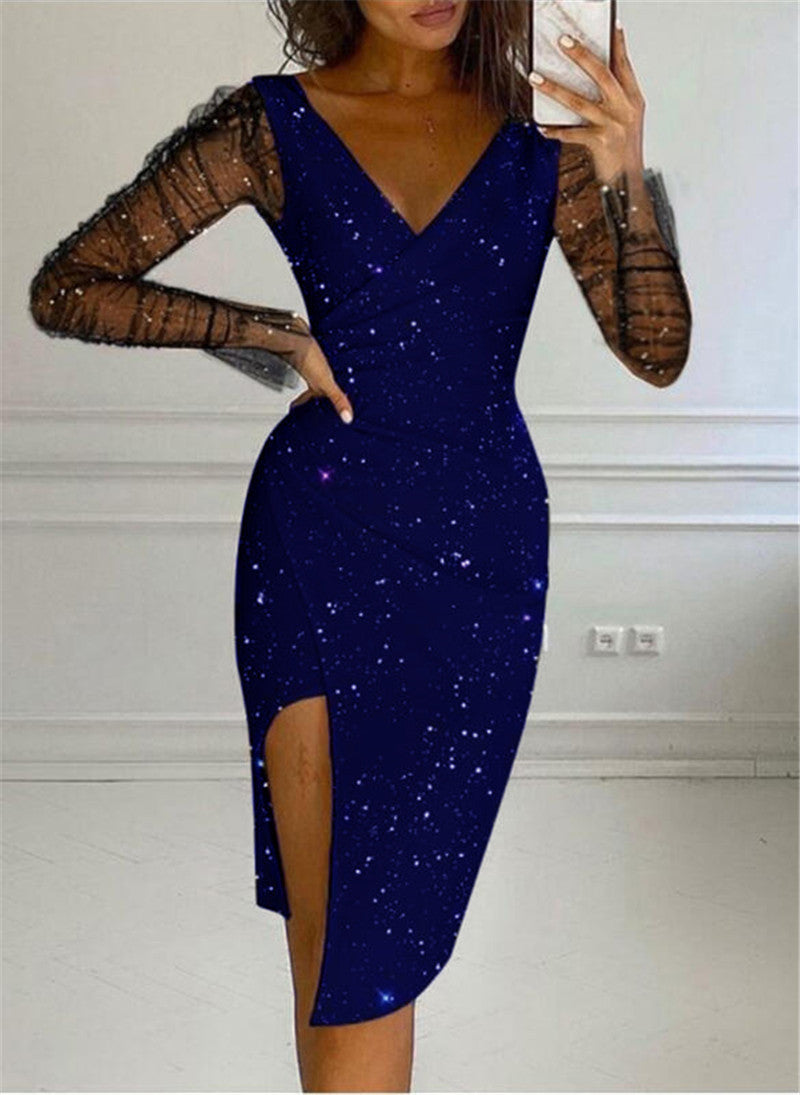 Glitter Star Print Mesh Long Sleeve Deep V-Neck Wrap Cocktail Dress - View 8