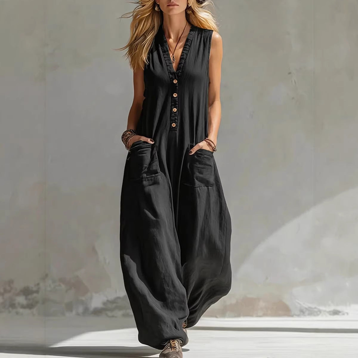 V-Neck Sleeveless Button Front Wide Leg Jumpsuit with Pockets 4