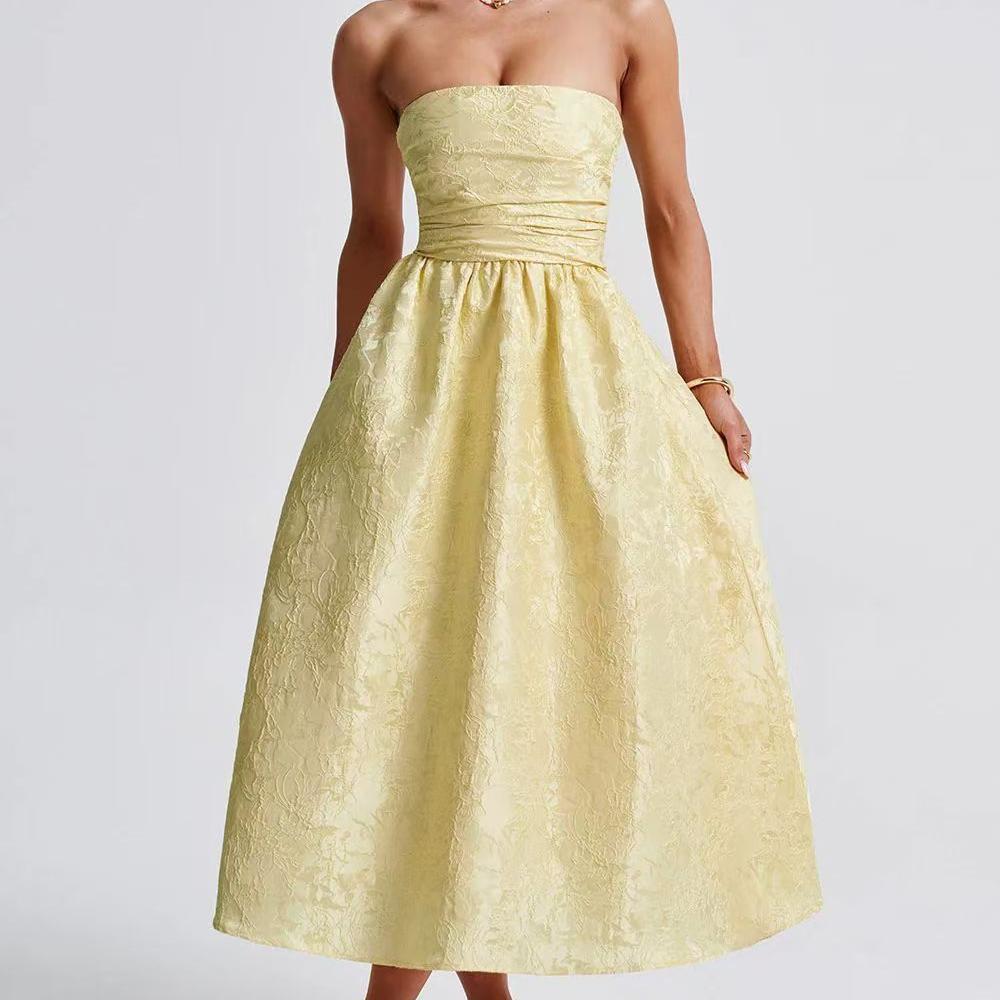 Jacquard Strapless Ruched Waist Fit and Flare Midi Dress - View 6