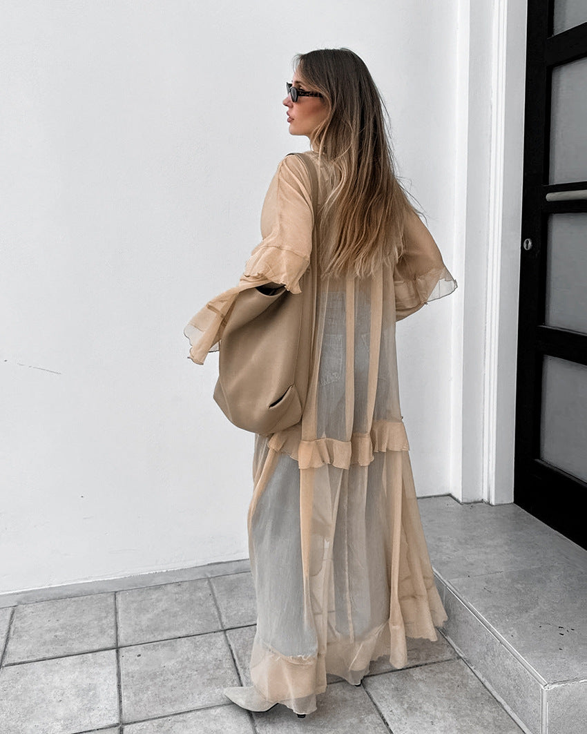 Sheer Tiered V-Neck Tie Neck Long Flared Ruffle Sleeve Maxi Dress - View 3