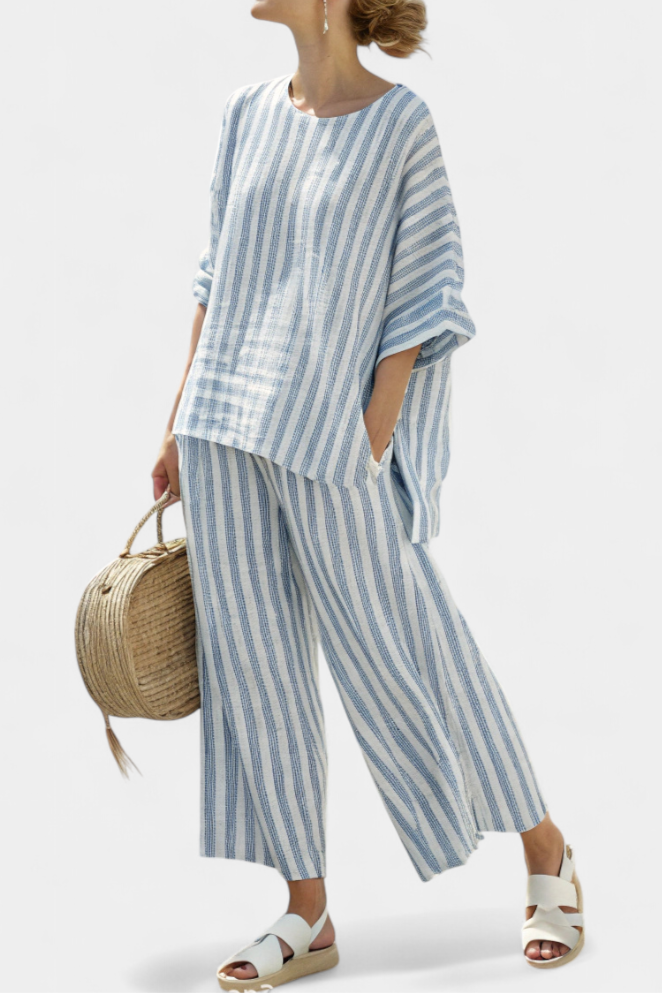 Striped Short Sleeve Top and Wide Leg Pants Two Piece Set 2