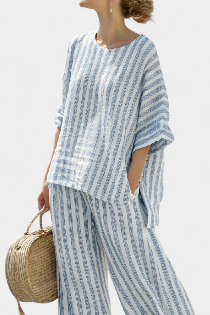 Striped Short Sleeve Top and Wide Leg Pants Two Piece Set 3