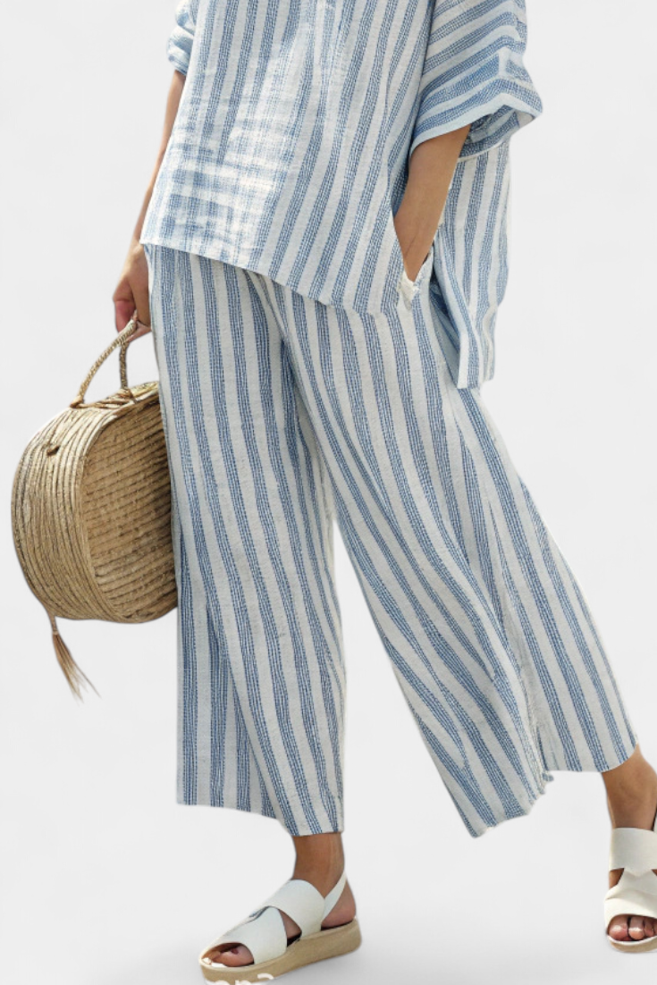 Striped Short Sleeve Top and Wide Leg Pants Two Piece Set 4