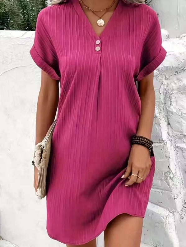 Ribbed Henley V-Neck Button Placket Pleat Front Shift Mini Dress - View 6