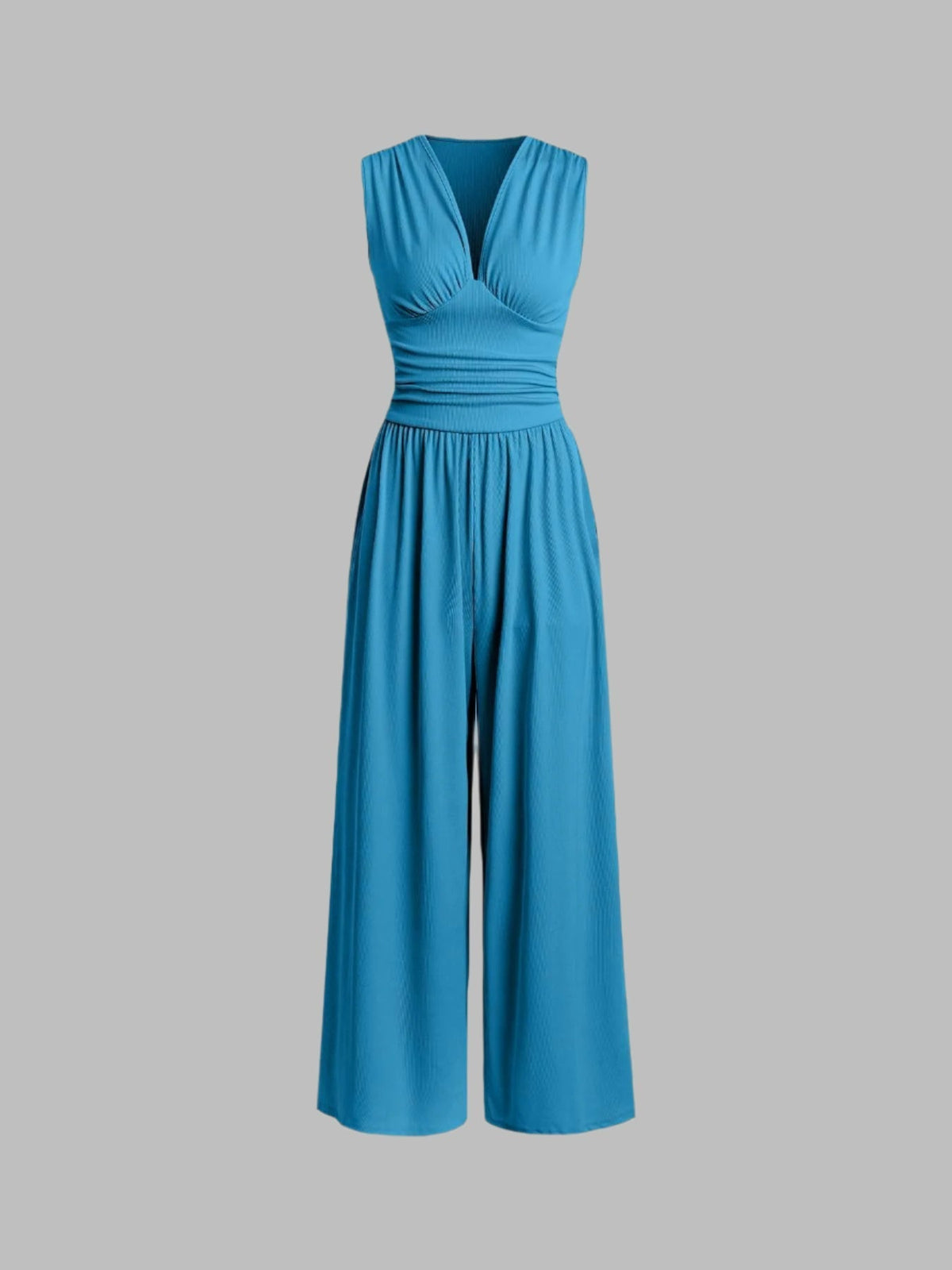 Deep V-Neck Ruched Waist Wide Leg Jumpsuit 7
