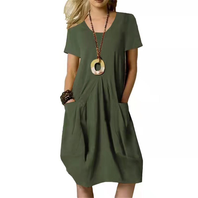 V-Neck Short Sleeve Pocket Loose Cocoon Midi Dress 7