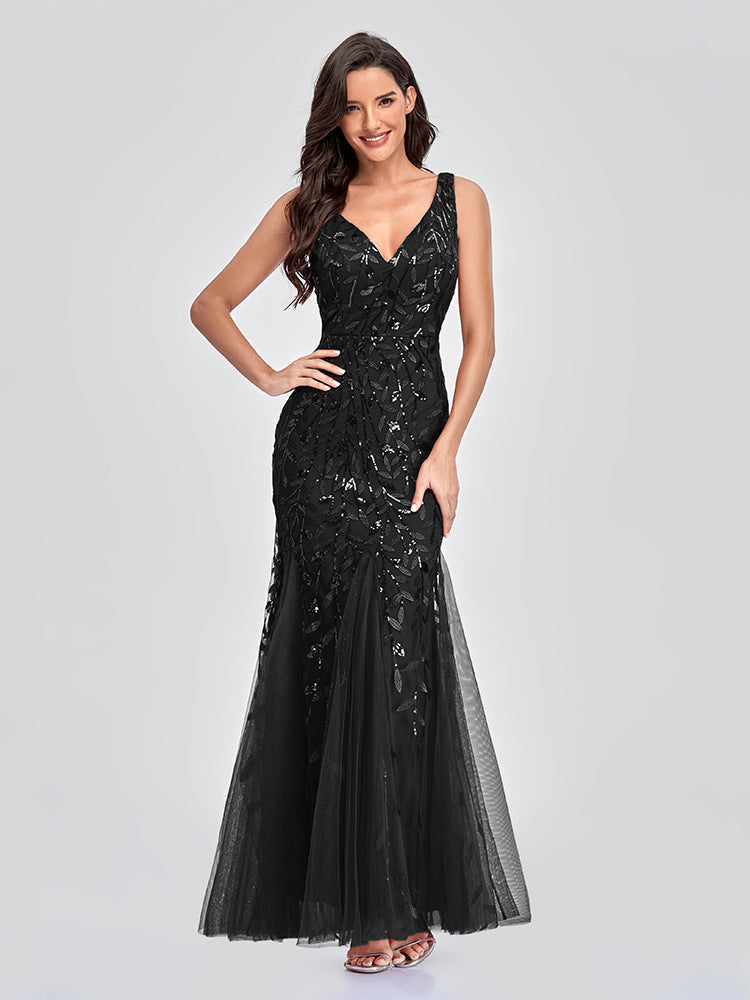 Sequin Embroidered V-Neck Sleeveless Tulle Mermaid Gown - View 10